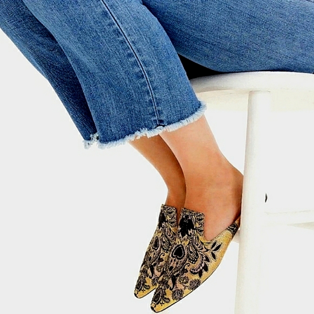Excellent Used Pair J. Crew Marina Marigold/Black Brocade Pointed Toe Flat Mule - Picture 13 of 14